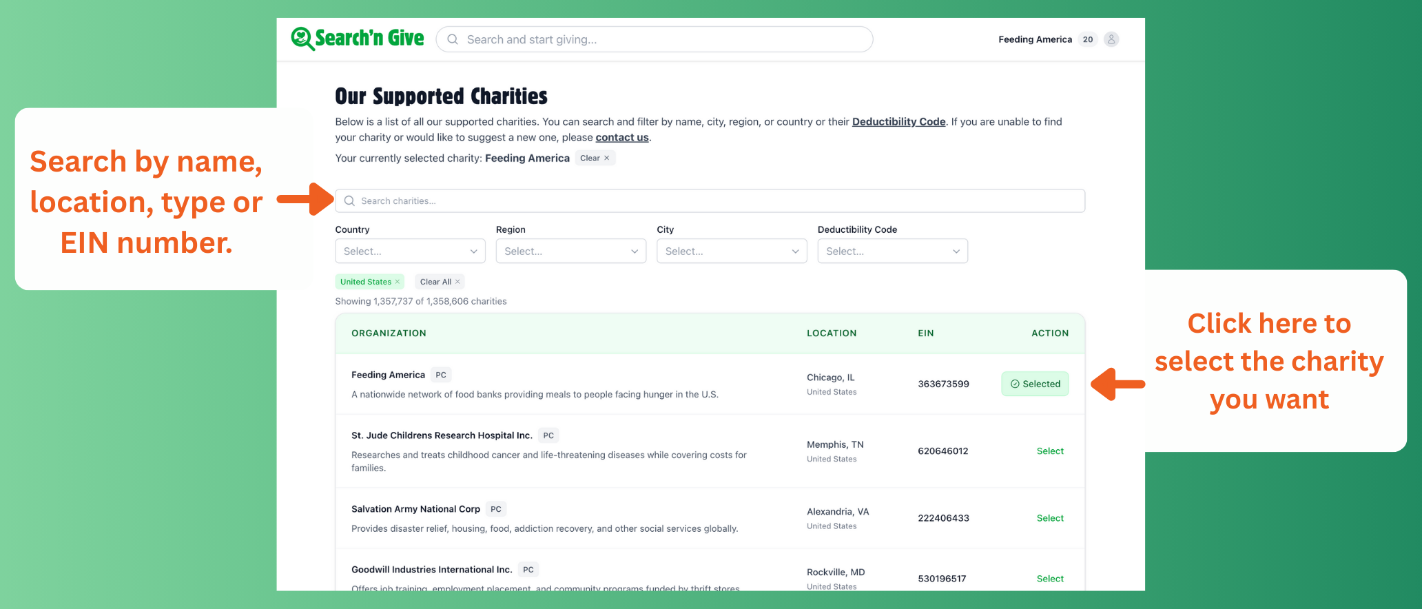 Screenshot of the 'Charity selection' page